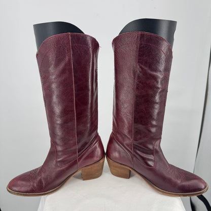 women Alohas Tall Leather Western Boots Wine Shoes 38/7-7.5