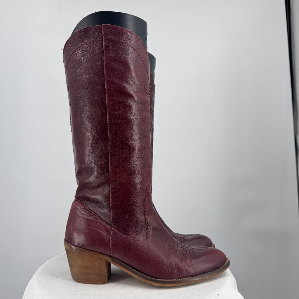 women Alohas Tall Leather Western Boots Wine Shoes 38/7-7.5