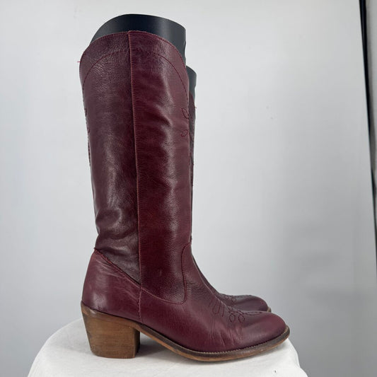 women Alohas Tall Leather Western Boots Wine Shoes 38/7-7.5
