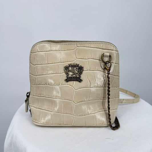 women Pratesi Croc Embossed Leather Crossbody Cream Bronze Purse 6"x8"x3.5"
