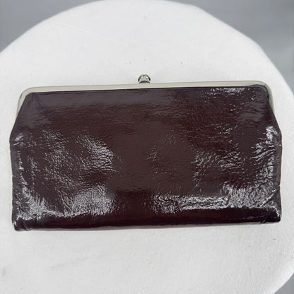 women Hobo Lauren Clutch Wallet in Crinkle Patent Chocolate Brown Purse 8.5Wx4.5Hx1D