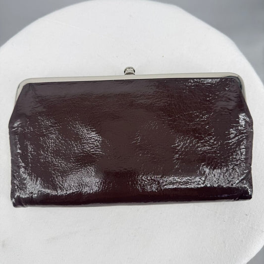 women Hobo Lauren Clutch Wallet in Crinkle Patent Chocolate Brown Purse 8.5Wx4.5Hx1D