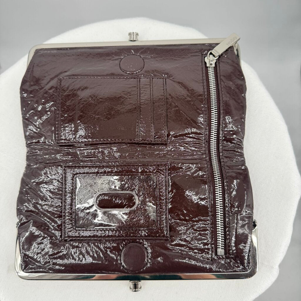 women Hobo Lauren Clutch Wallet in Crinkle Patent Chocolate Brown Purse 8.5Wx4.5Hx1D