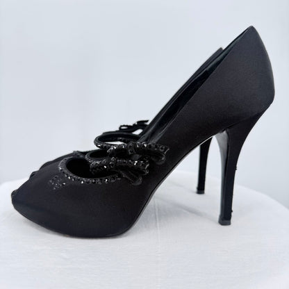 women Louis Vuitton Black Satin Embellished Peep-Toe Pumps Black Shoes 38/7-7.5