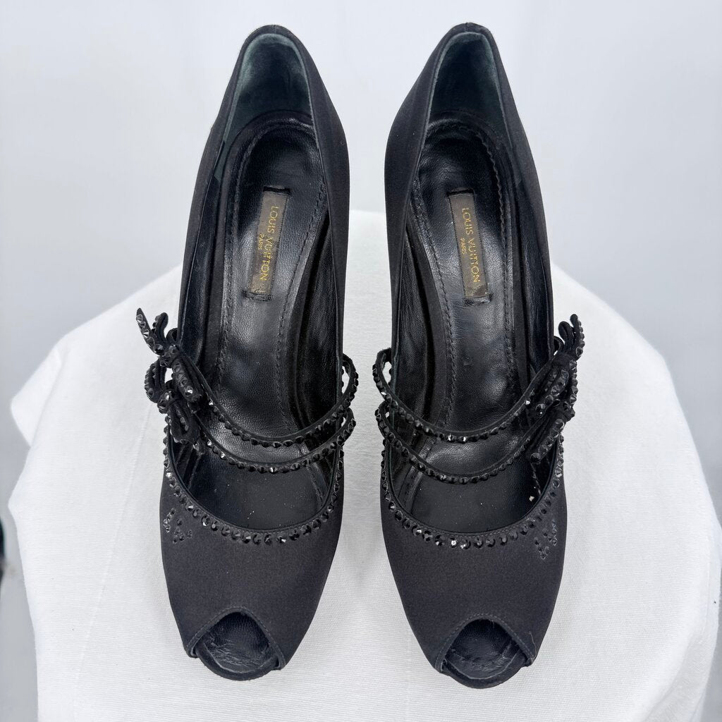 women Louis Vuitton Black Satin Embellished Peep-Toe Pumps Black Shoes 38/7-7.5