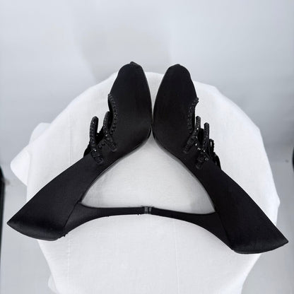 women Louis Vuitton Black Satin Embellished Peep-Toe Pumps Black Shoes 38/7-7.5